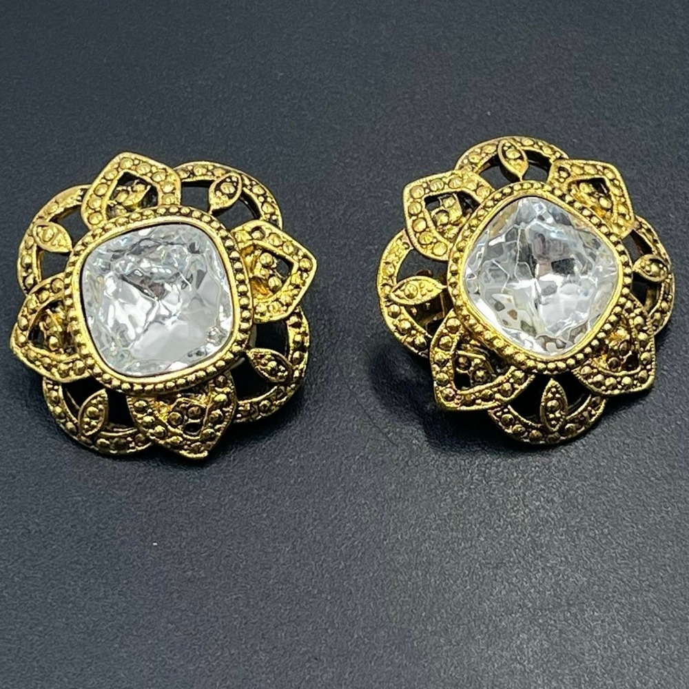 Avon Signed Palace Collections Crystals Antique Filigree Victorian Clip Earrings